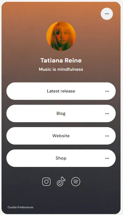 Artist link-in-bio example with release, blog, website and shop buttons
