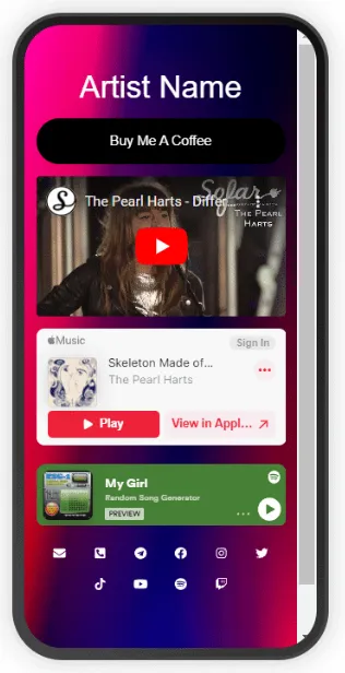 MusicJet artist page example with embedded music, video and social links