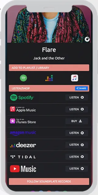 Soundplate Clicks release page with listening buttons for multiple music services