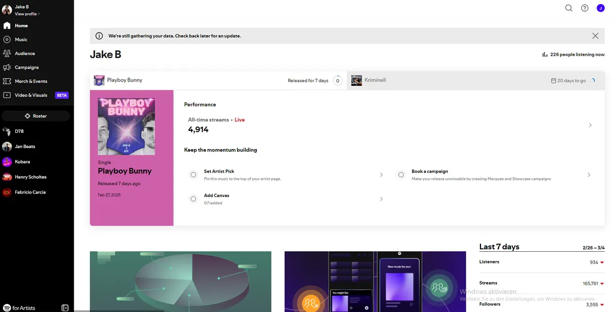 Spotify for Artists dashboard showing Jake B releases and listener statistics