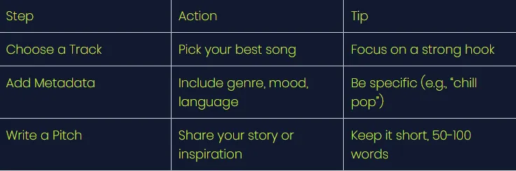 Playlist pitch checklist: choose a track, add genre, mood and language, then write a concise pitch
